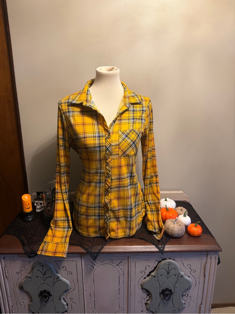 Womens Yellow Plaid Button-Up Shirt